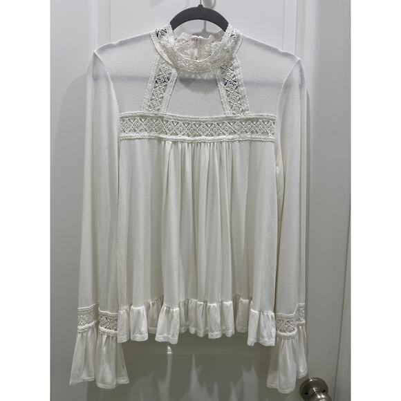 NWT Anthropologie Eri + Ali White Rayne Swing Top Long Sleeve Ruffle Hem Sz M - Picture 2 of 10